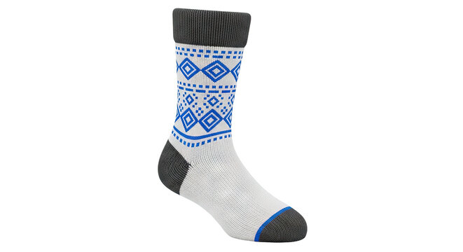 White Sock with Blue Geometric Pattern