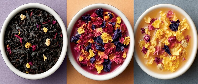 The three bowls illustrate the process of brewing tea: from dry leaves and flowers to a vibrant infusion, making the composition a colourful backdrop for content on tea ceremonies,  