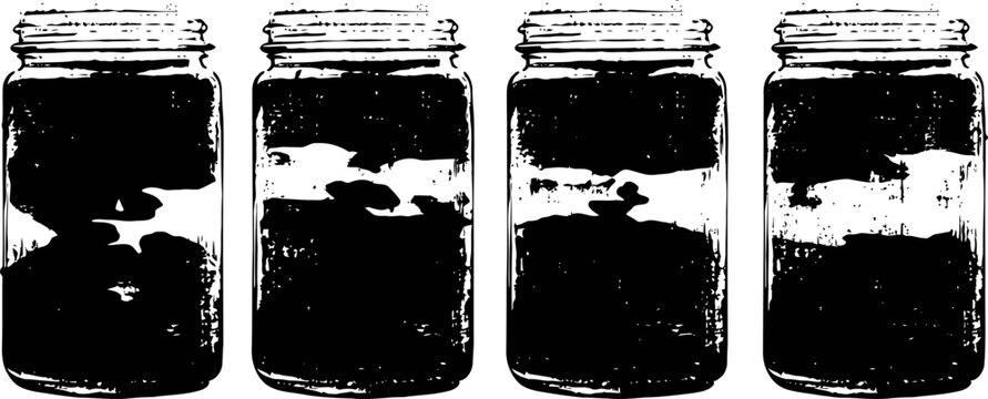 Four mason jars with metal lids, empty and transparent, arranged in a row on a white background