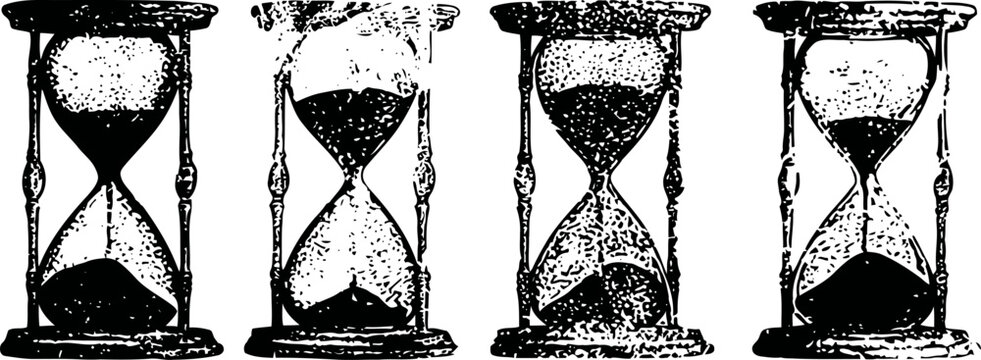 vintage hourglass set with sand flowing, antique timer instruments in rustic