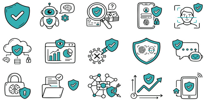 Teal AI Security Shield Doodle Icons Smart Protection System Set