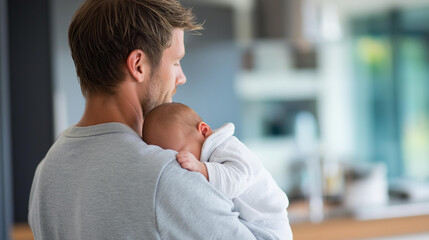 Obraz premium Rear view of a father on paternity leave holding a newborn baby at home, involved parenting concept, new father and infant, family lifestyle photography, defocused background,