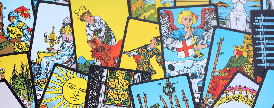 Fortune telling on tarot cards, used Marseille Tarot deck by unknown artist published first in 1709