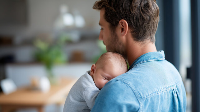 Rear view of a father on paternity leave holding a newborn baby at home, involved parenting concept, new father and infant, family lifestyle photography, defocused background,