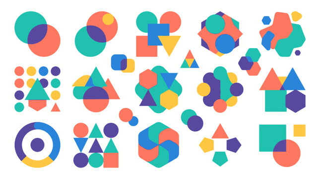 Set of colorful geometric shapes with overlapping transparent layers. EPS Editable. Vector Illustrations.