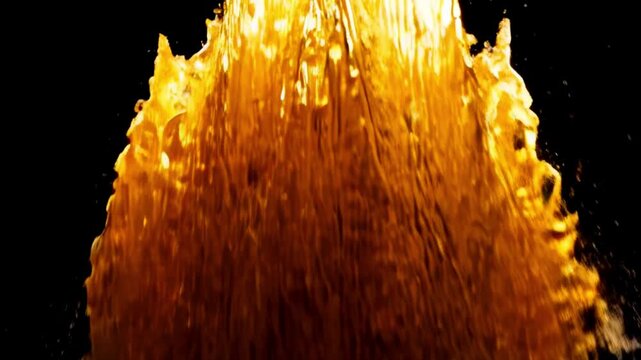 A fiery orange inferno of burning flames glows against the black night creating a hot abstract blaze of heat and red light as the fire dances on the water like a glowing campfire