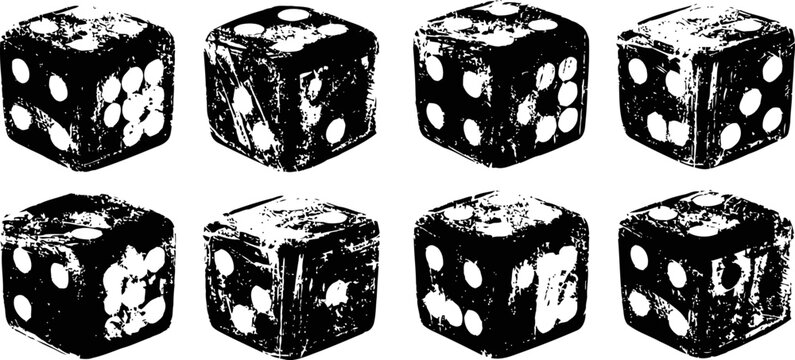 Set of black vintage dice with white dots in various positions and angles isolated on white