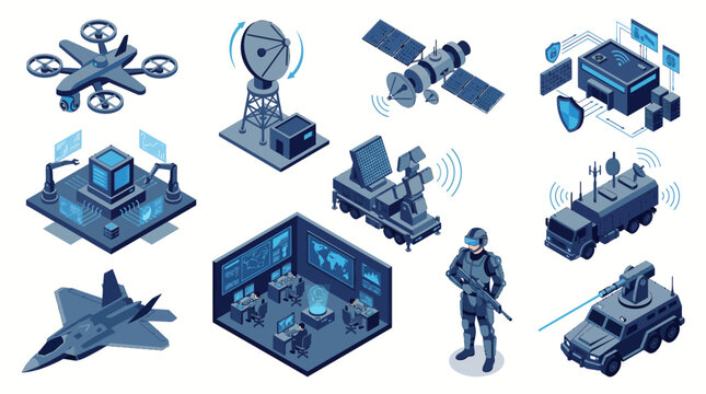 Modern Military Technology and Defense Systems Isometric Icon Set
