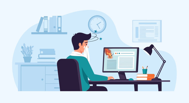 Workplace Illness: A Man Suffering While Working at His Computer Desk, Feeling Sick