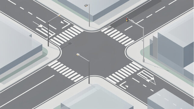 Gray asphalt road intersection layout.