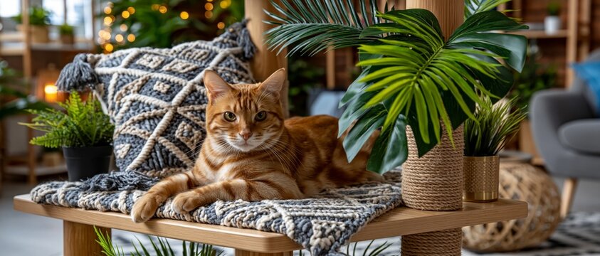 A ginger cat lies on a knitted blanket next to some houseplants in a cosy setting, providing a homely backdrop for topics such as comfort, home design and pet care.