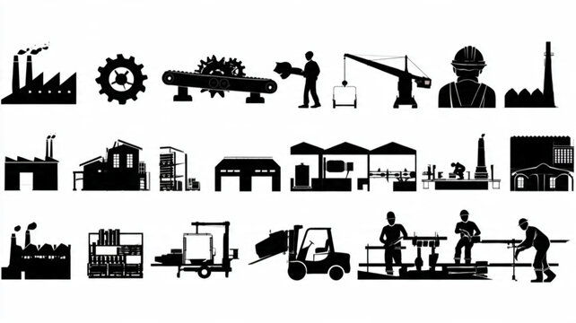 Industrial workers and construction equipment icons.