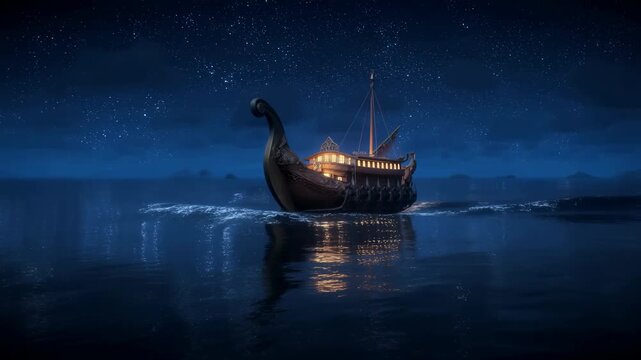 Ancient Maritime Exploration Vessel Navigating Tranquil Waters Illuminated By Soft Lantern Light