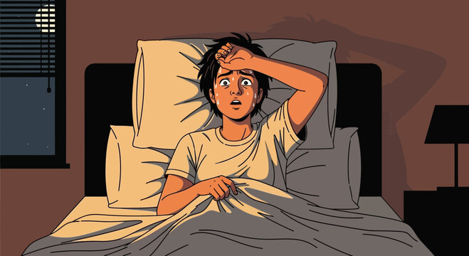 Worried Person Laying Awake in Bed Experiencing Anxiety During Nighttime Hours