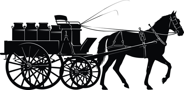 Silhouette of a vintage horse drawn milk delivery cart with cans.