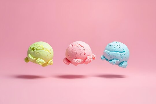 Three scoops of colorful ice cream floating against a pink background with refreshing confection chocolate strawberry celebration isolated minimalist background delicious floating whimsical