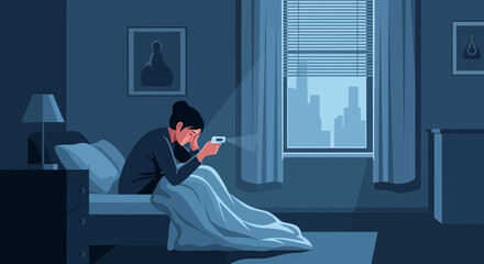 Fototapeta premium Woman Suffering From Insomnia Staring at Smartphone in a Dark Bedroom, Thinking Alone