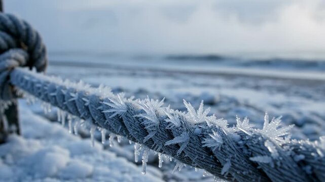 Close up of a nautical rope covered in delicate ice crystals and frost on a cold winter morning.