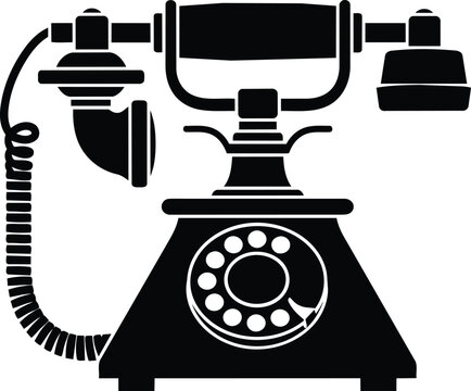 Vintage Rotary Dial Telephone Black and White Silhouette Vector Illustration.