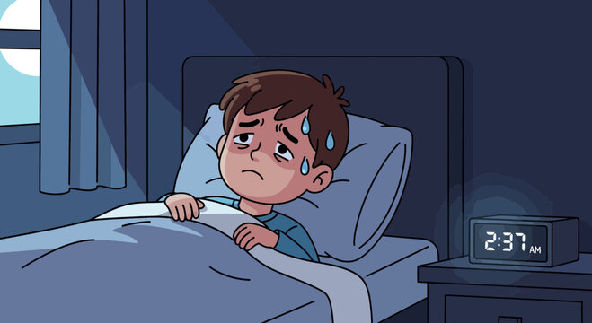 Worried Young Boy Lying Awake In His Bed At Night Feeling Anxious And Stressed