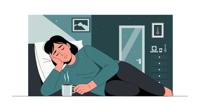 Woman Suffering From Low Energy While Resting, Holding Coffee Cup, Lying Down At Home