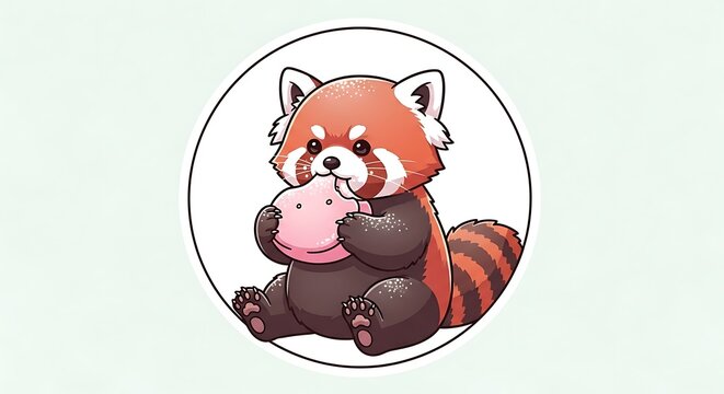 Cute Red Panda Sticker Illustration Holding Pink Mochi Dessert Kawaii Cartoon Animal Character Isolated on Pastel Background