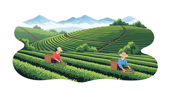 Two farmers harvesting tea leaves on a plantation. EPS Editable. Vector Illustrations.