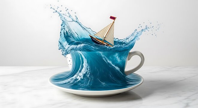 Surreal Ocean Wave Splash Emerging from Tea Cup with Sailboat Creative Concept Art on Minimal Background