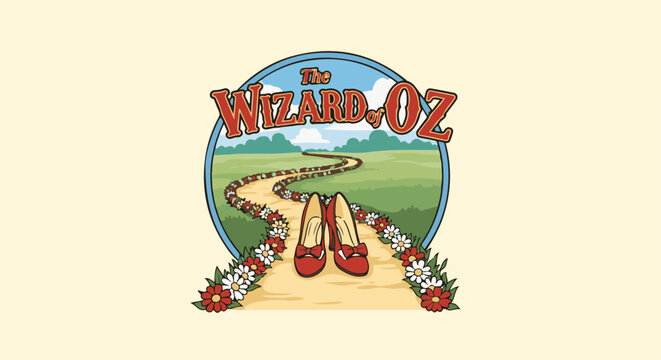 Yellow brick road leads to ruby slippers with floral borders