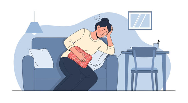 Woman Suffering from Severe Abdominal Pain Holding a Hot Pack While Resting at Home