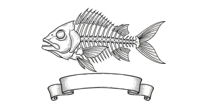 Vintage Hand Drawn Fish Skeleton with Blank Ribbon Banner. EPS Editable. Vector Illustrations.