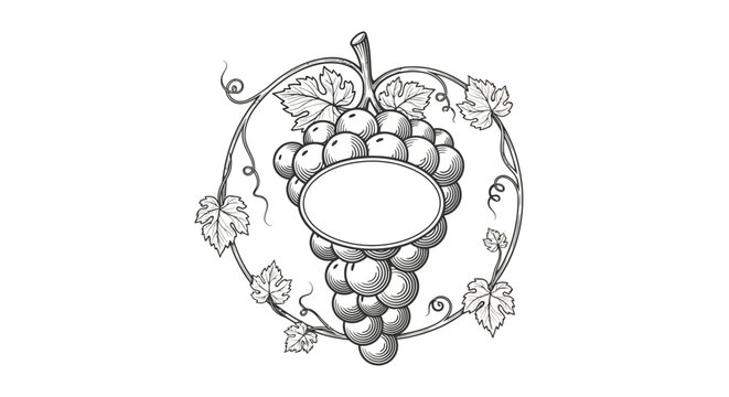 Vintage hand drawn grape cluster illustration with an empty central frame. EPS Editable. Vector Illustrations.