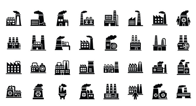 Comprehensive set of black industrial factory icons illustrates various power plants, manufacturing facilities, and smoke stacks.