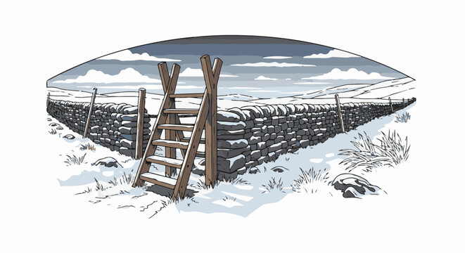 Wooden stile and stone wall in a snowy rural landscape under a cloudy sky