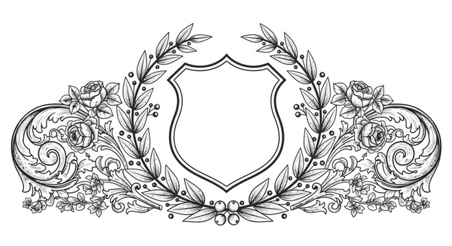 Vintage heraldic shield emblem with intricate floral ornaments and laurel branches. EPS Editable. Vector Illustrations.