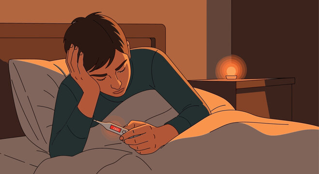 Young Person Feeling Unwell Checking Body Temperature At Night
