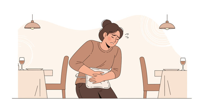 Woman Suffering From Stomach Ache In Restaurant Depicting Abdominal Pain And Discomfort