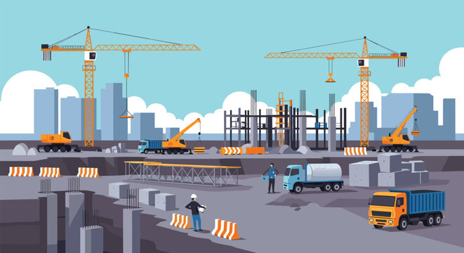 Busy construction site features towering cranes, heavy machinery, and workers building the foundations of city skyscrapers.