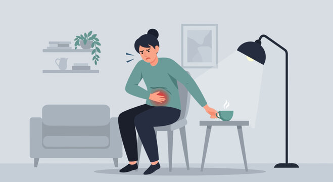 Woman Suffering From Stomach Pain And Discomfort At Home Animated Illustration