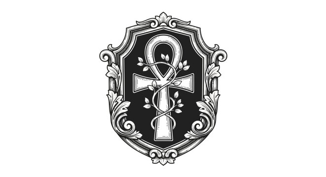 Vintage style ankh symbol illustration with floral ornament inside an ornate shield frame. EPS Editable. Vector Illustrations.