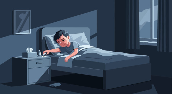 Youngster Facing Illness at Night, Seeking Remedy For Ailing State in Bedroom