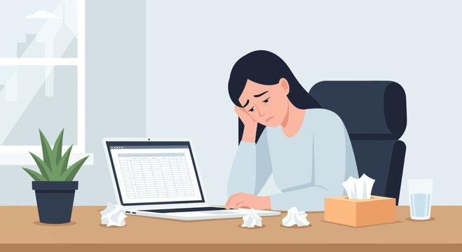 Woman Suffering From work Stress Overwhelmed At Desk With Discarded Tissues