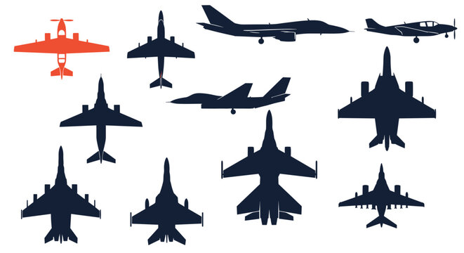 Various silhouettes of military fighter jets and bombers are displayed, with one aircraft highlighted in orange.
