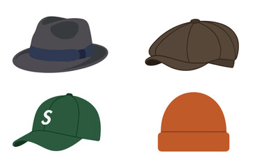Fototapeta premium Minimal accessory vector pack containing four fashionable hats and caps with contemporary styling, white background, no outlines.