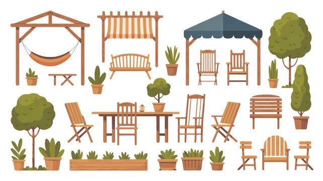 outdoor furniture and plants illustrations on white background