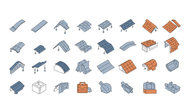 Isometric set of roofing construction components and materials shows various tiles, gables, and structural parts.