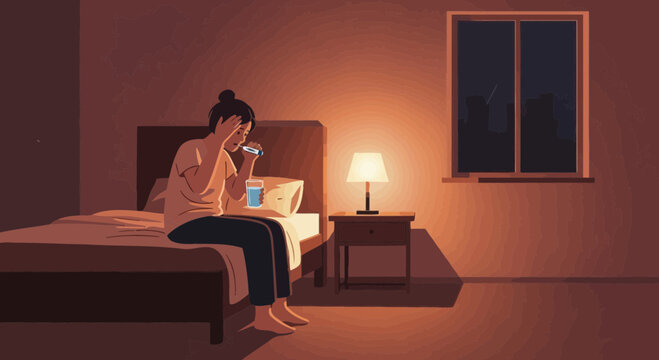 Woman Suffering Sickness At Bedroom, Measuring Temperature, Illuminated Night Scene