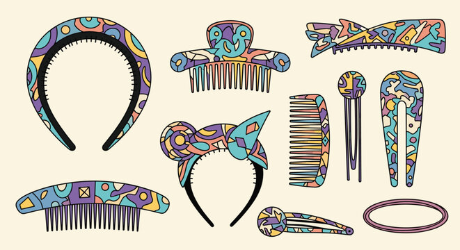 Collection of hair accessories including headbands, clips, and combs features colorful abstract mosaic patterns.