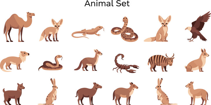 Desert animal icons set with camel, kangaroo, snake, fox, eagle, scorpion and wildlife illustration