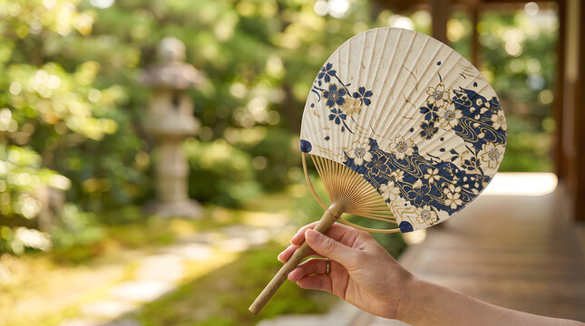 Hand holding decorative paper fan in traditional garden setting